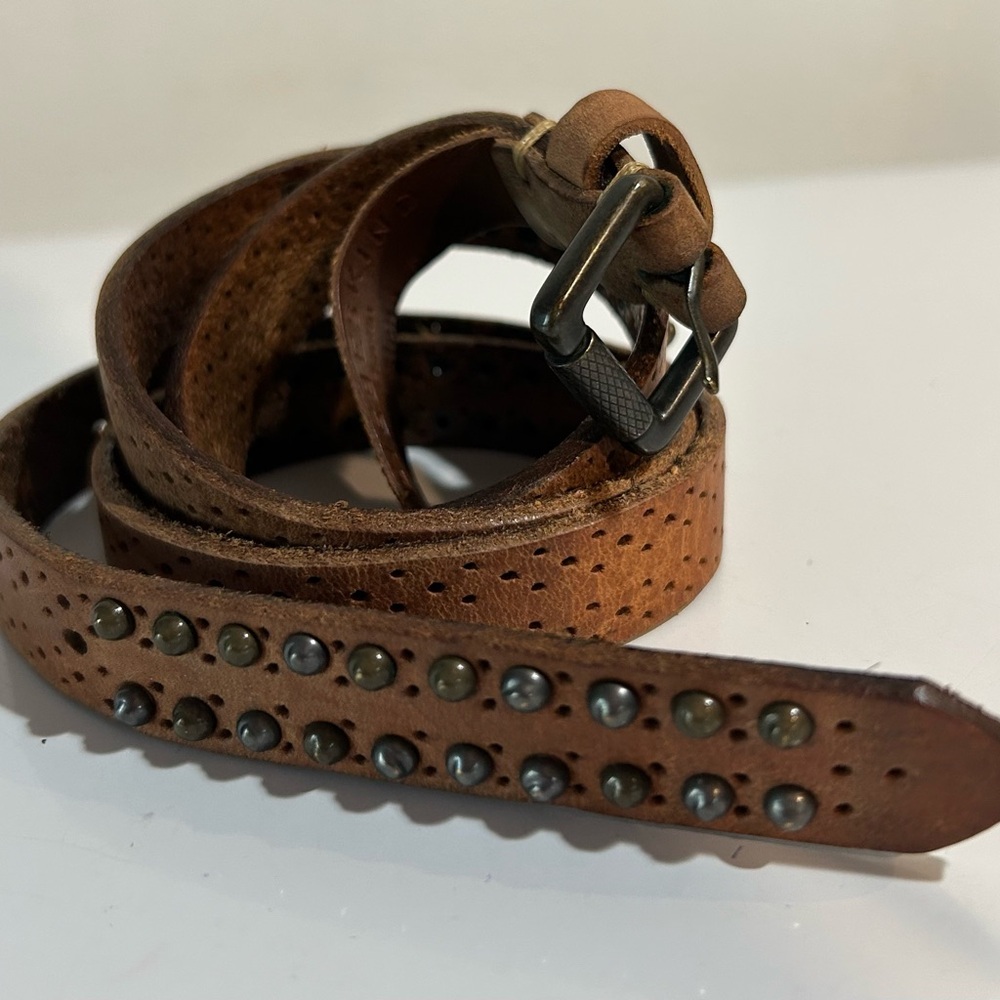 LIEBESKIND Berlin  Studded Perforated Leather Skinny Belt - Stone Brown 85 cm ML